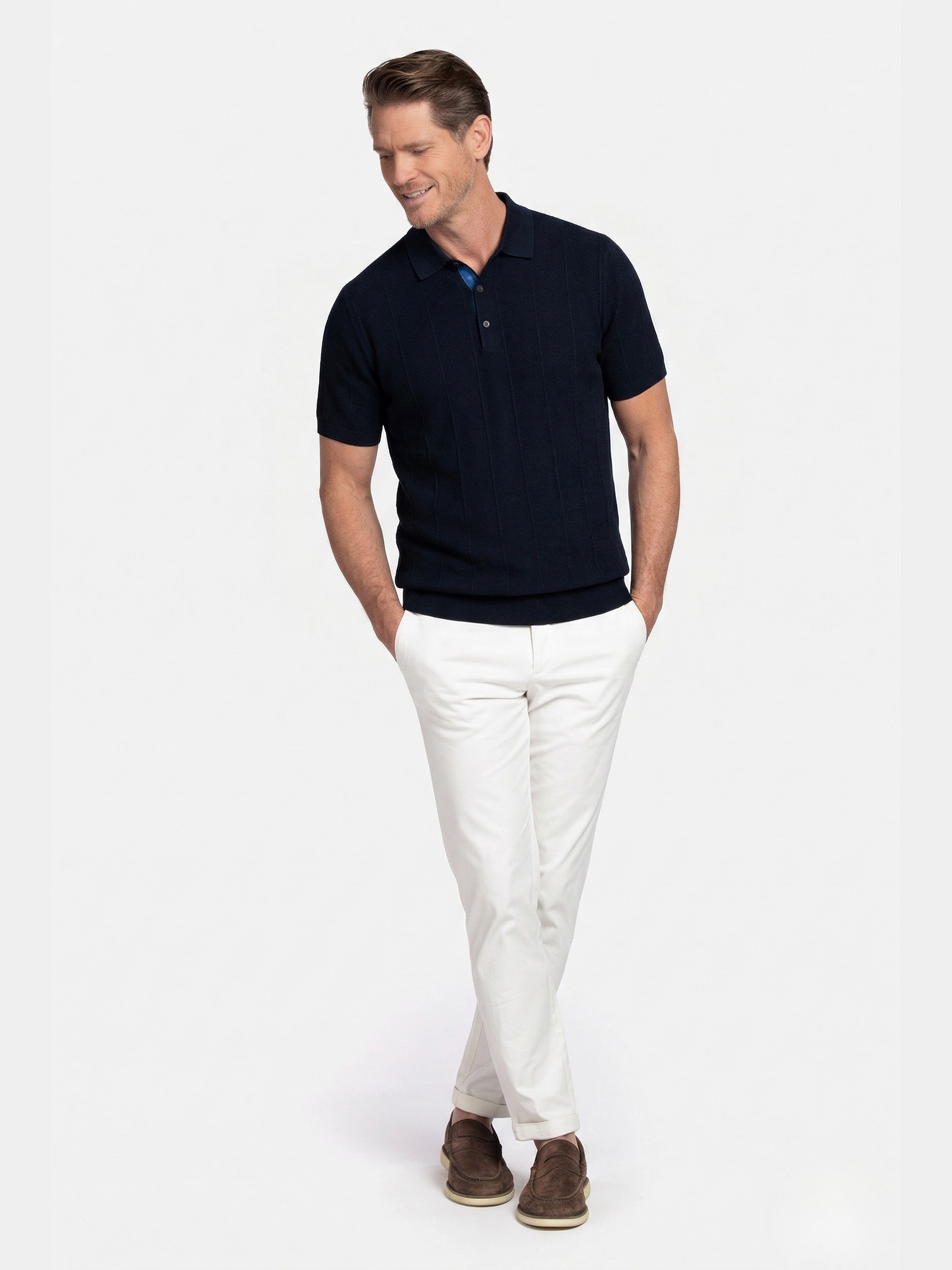 615781 Gebreide Polo donkerblauw