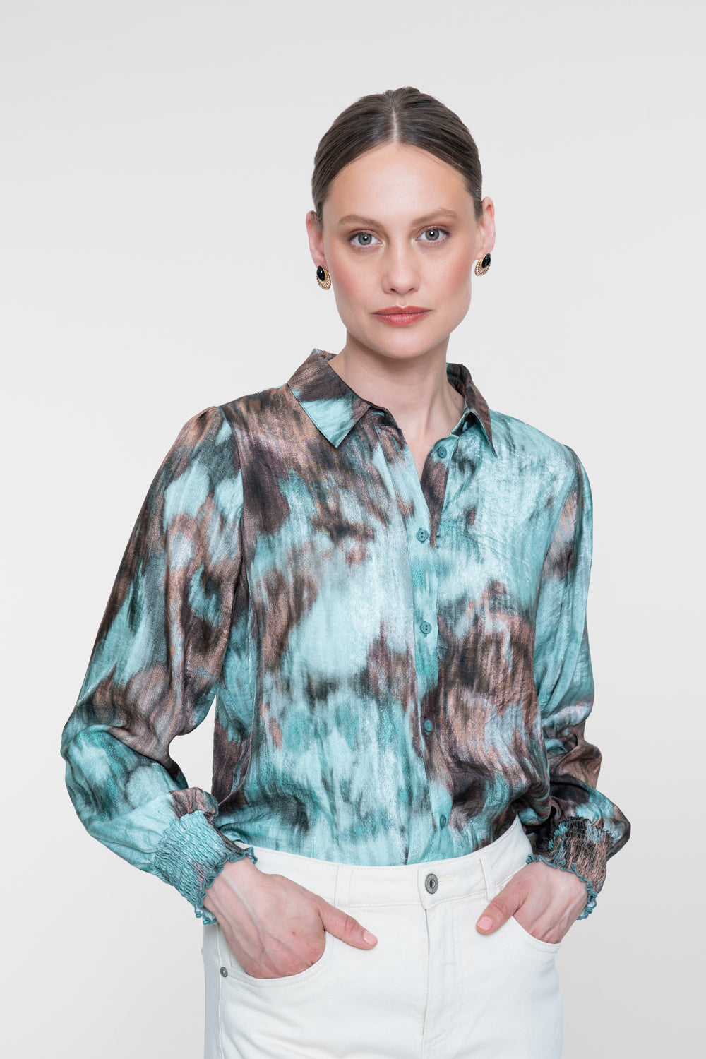 Blouse Aquarelprint Mint/Bruin