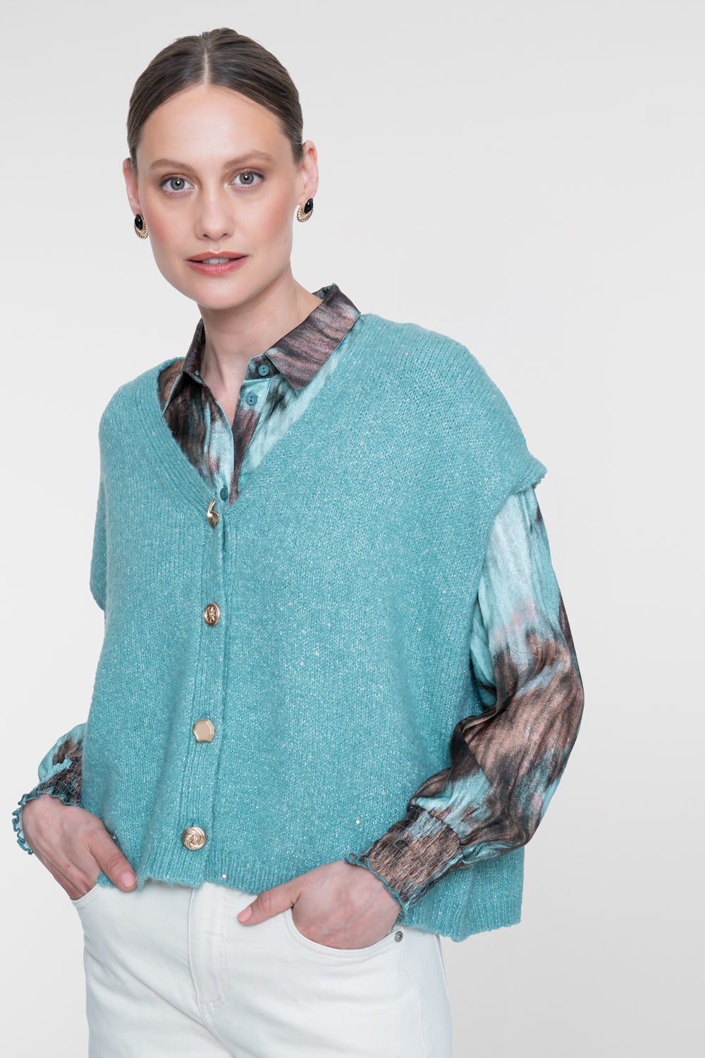 Blouse Aquarelprint Mint/Bruin