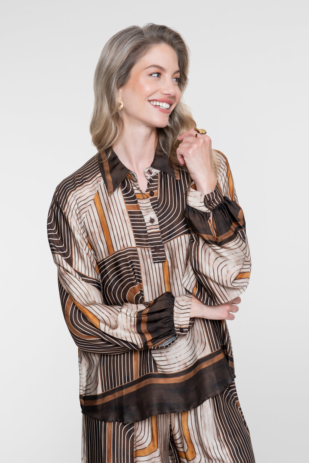 Blouse Satijn Retroprint Bruin/Zand