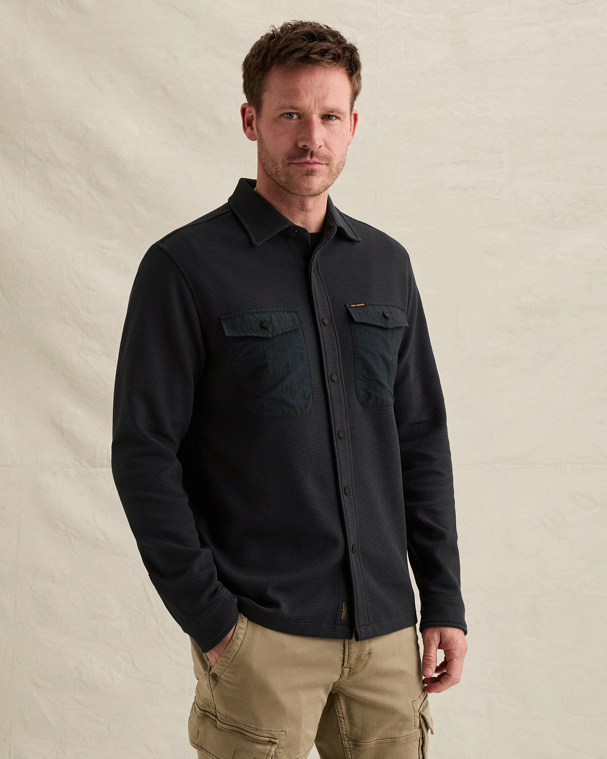 PME Legend overshirt wafelstructuur donkerblauw – detail kraag