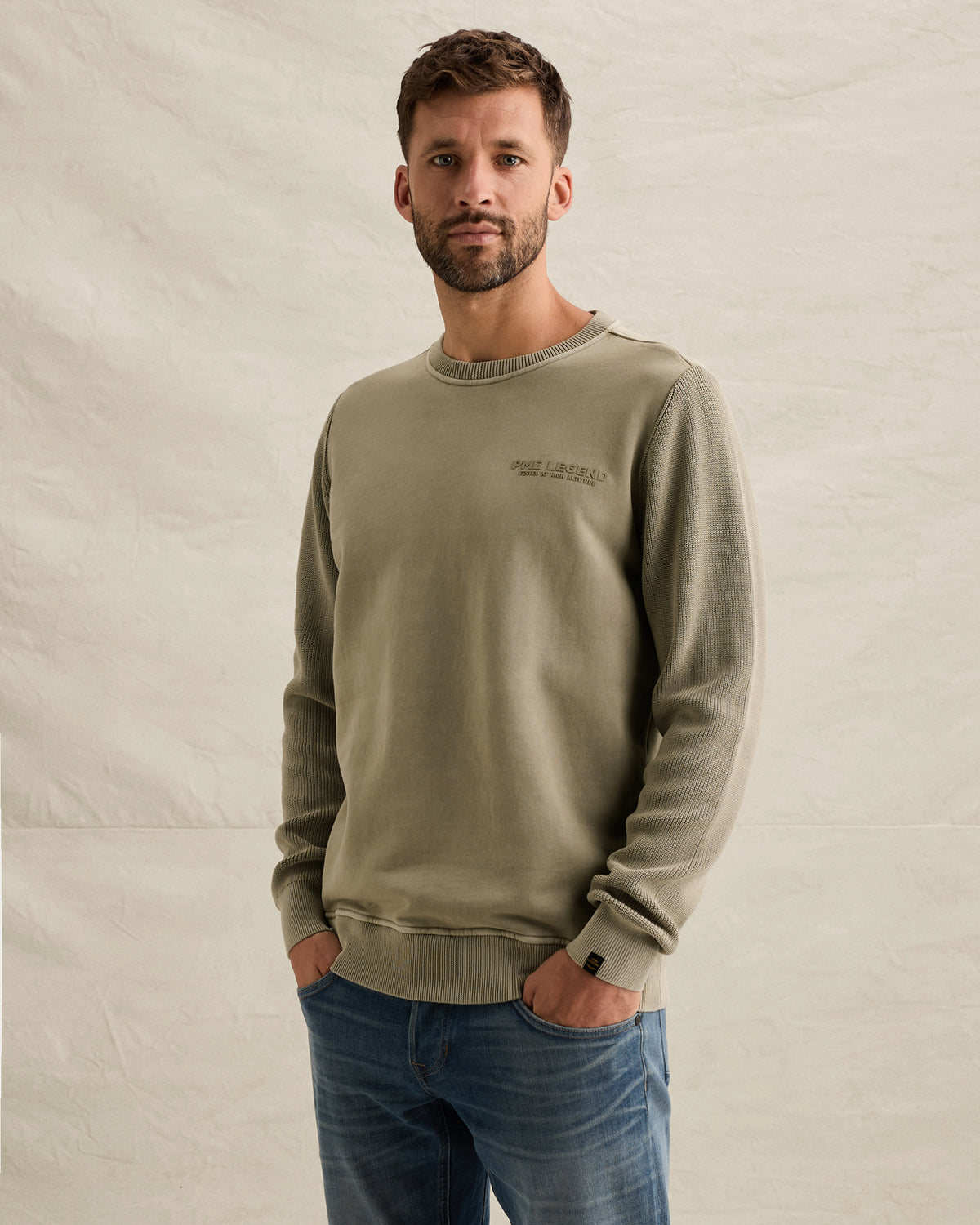 PME Legend sweater groen met gebreide mouwen en print