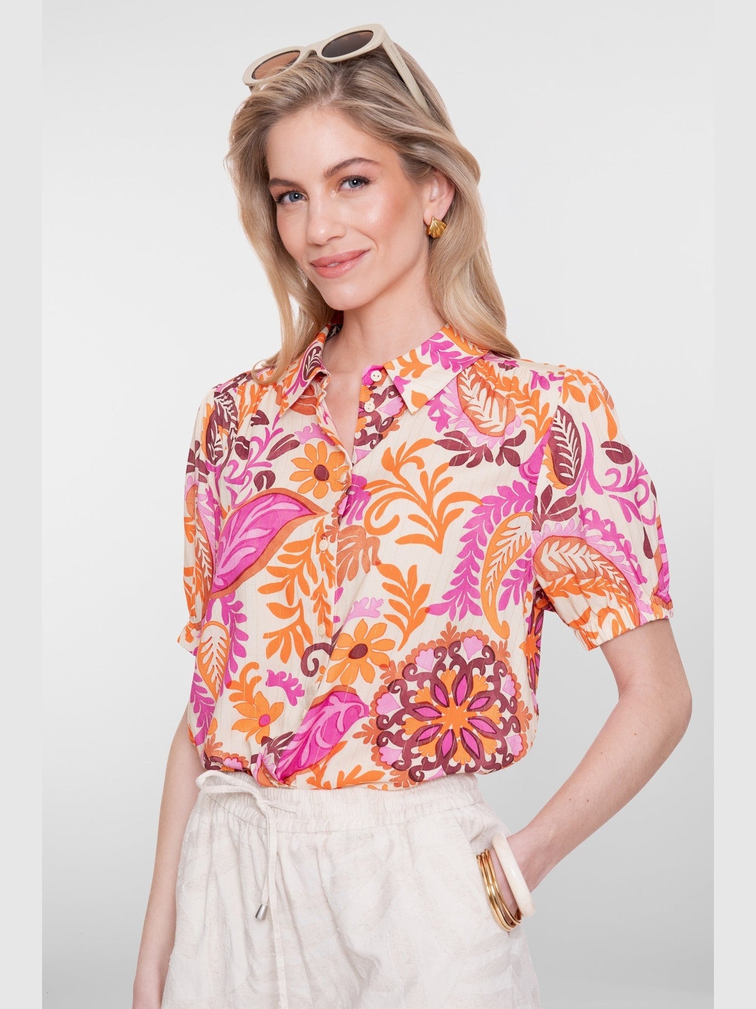 Blouse Bloemenprint Oranje/Roze/Zand - Castelijn mode