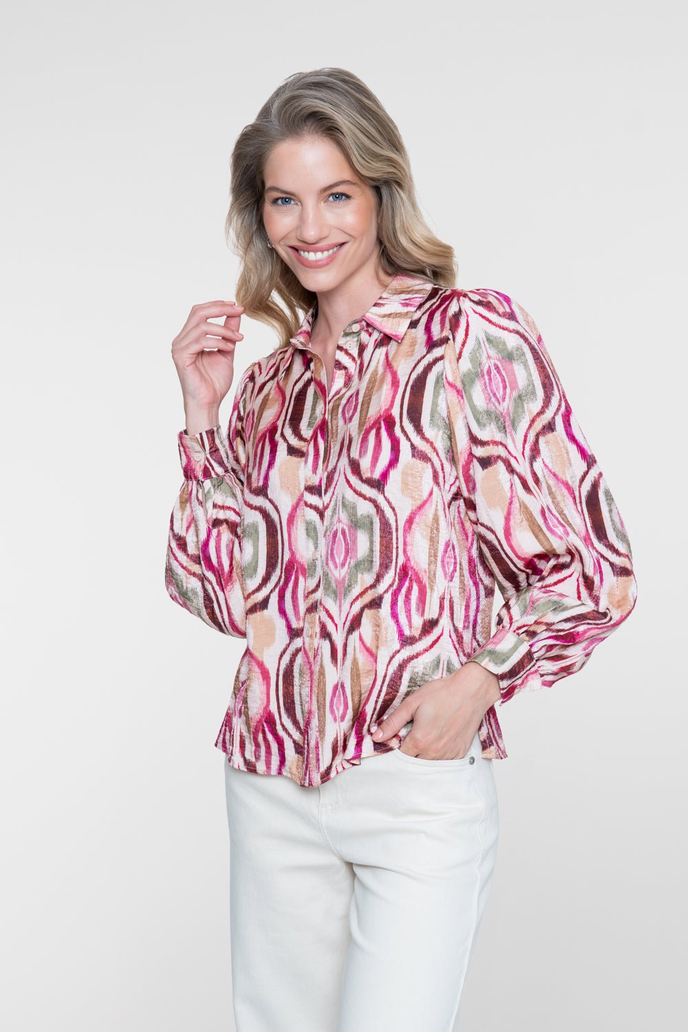 Blouse Ikatprint Sand/Burgundy - Castelijn mode