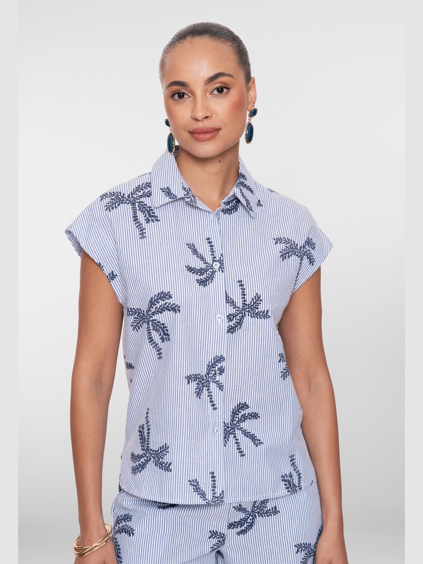 Blouse Palmprint Blauw Wit - Castelijn mode