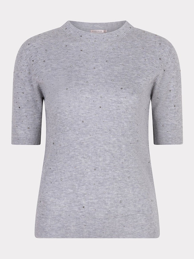 F25.02521 059 Top rib s/slve studs light grey - Castelijn mode