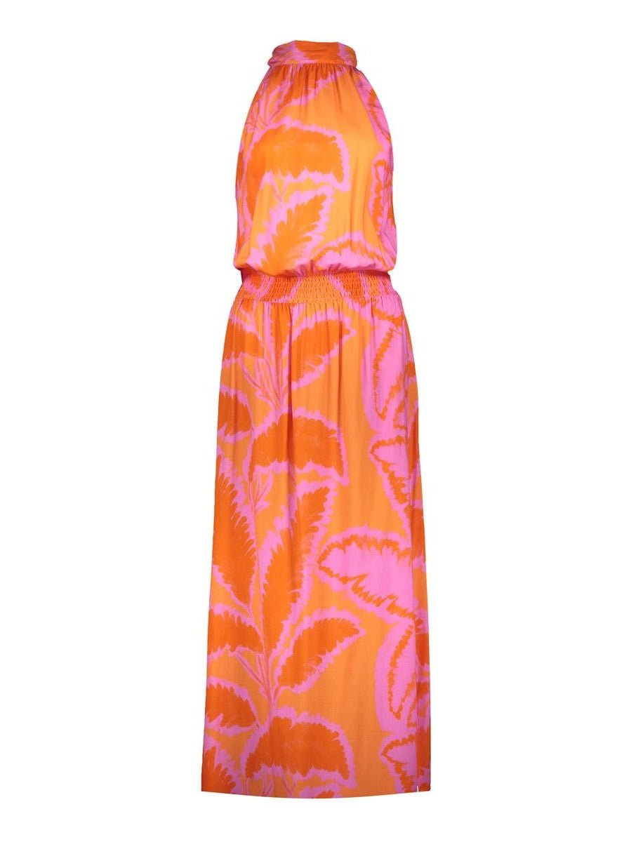 Halter Jurk Fuchsia/Oranje Grafische Print - Castelijn mode