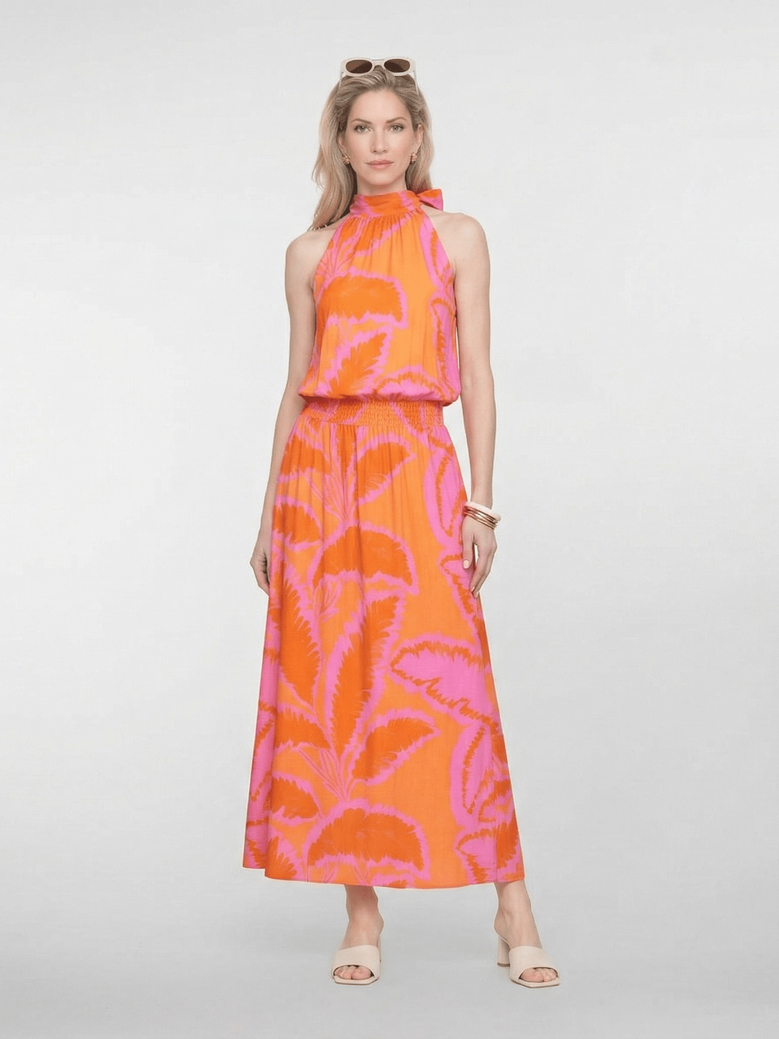 Halter Jurk Fuchsia/Oranje Grafische Print - Castelijn mode