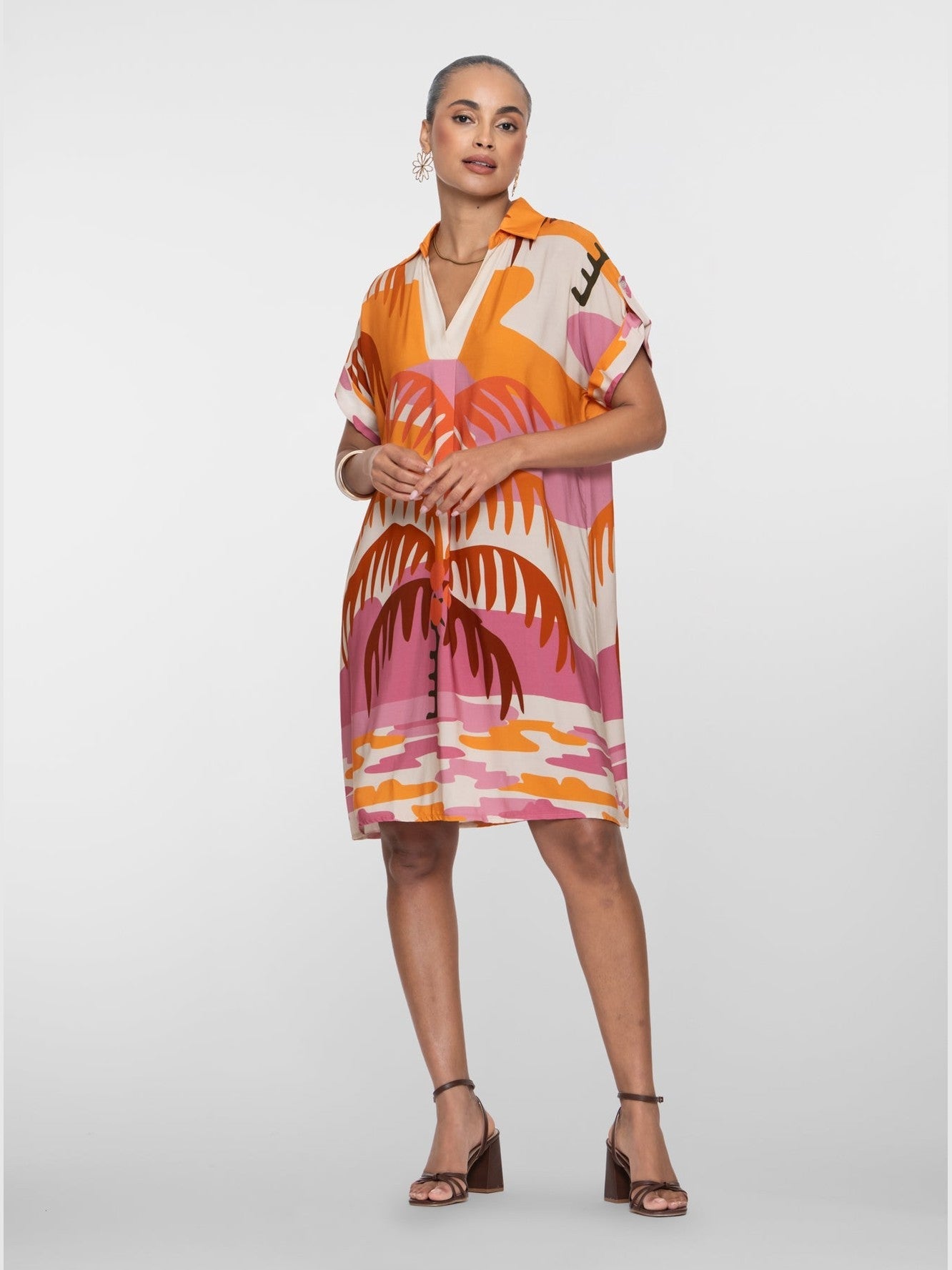 Midi Jurk Palmtree Print Roze/Coral - Castelijn mode