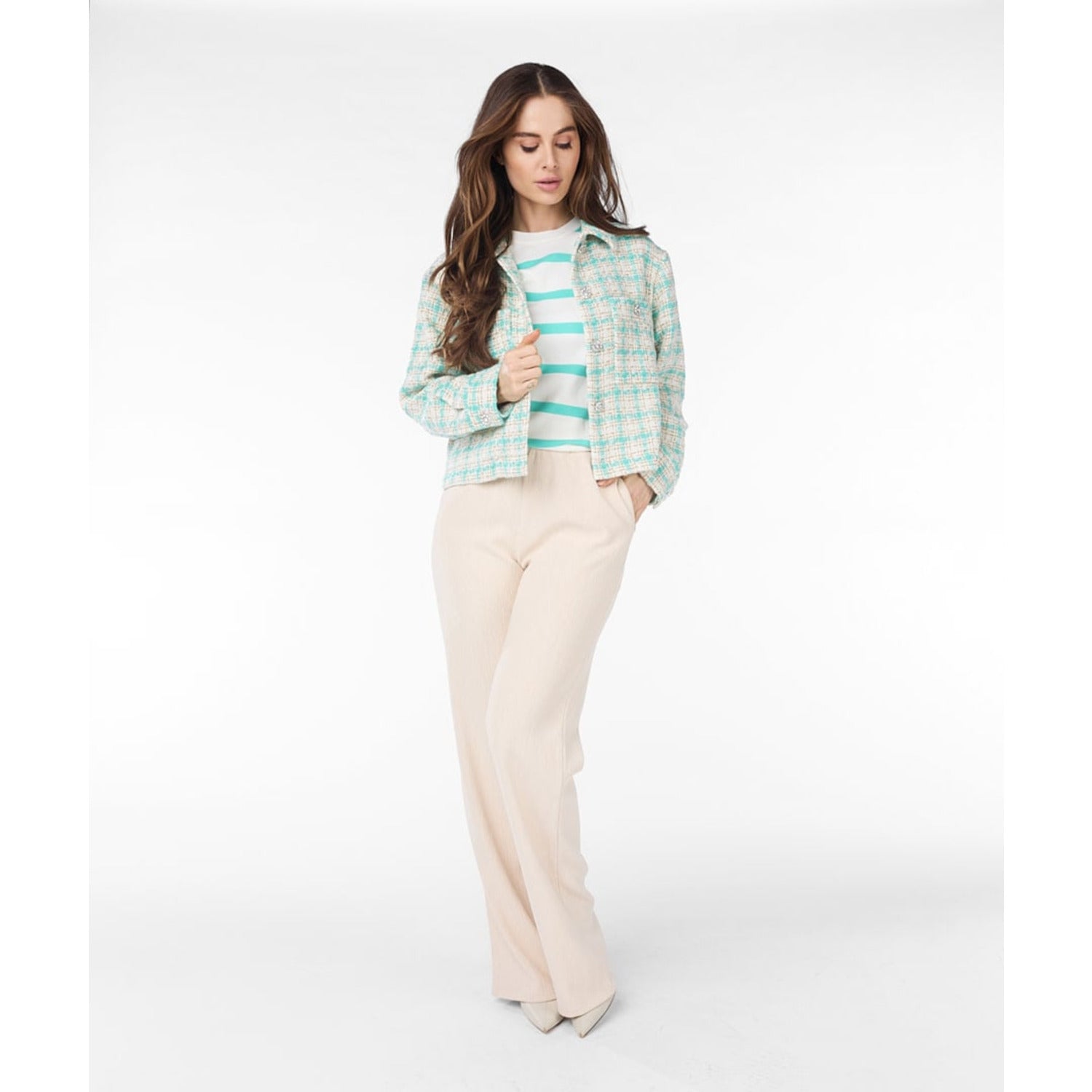 SP24.19005 Blazer midi check Off White/Blue - Castelijn mode