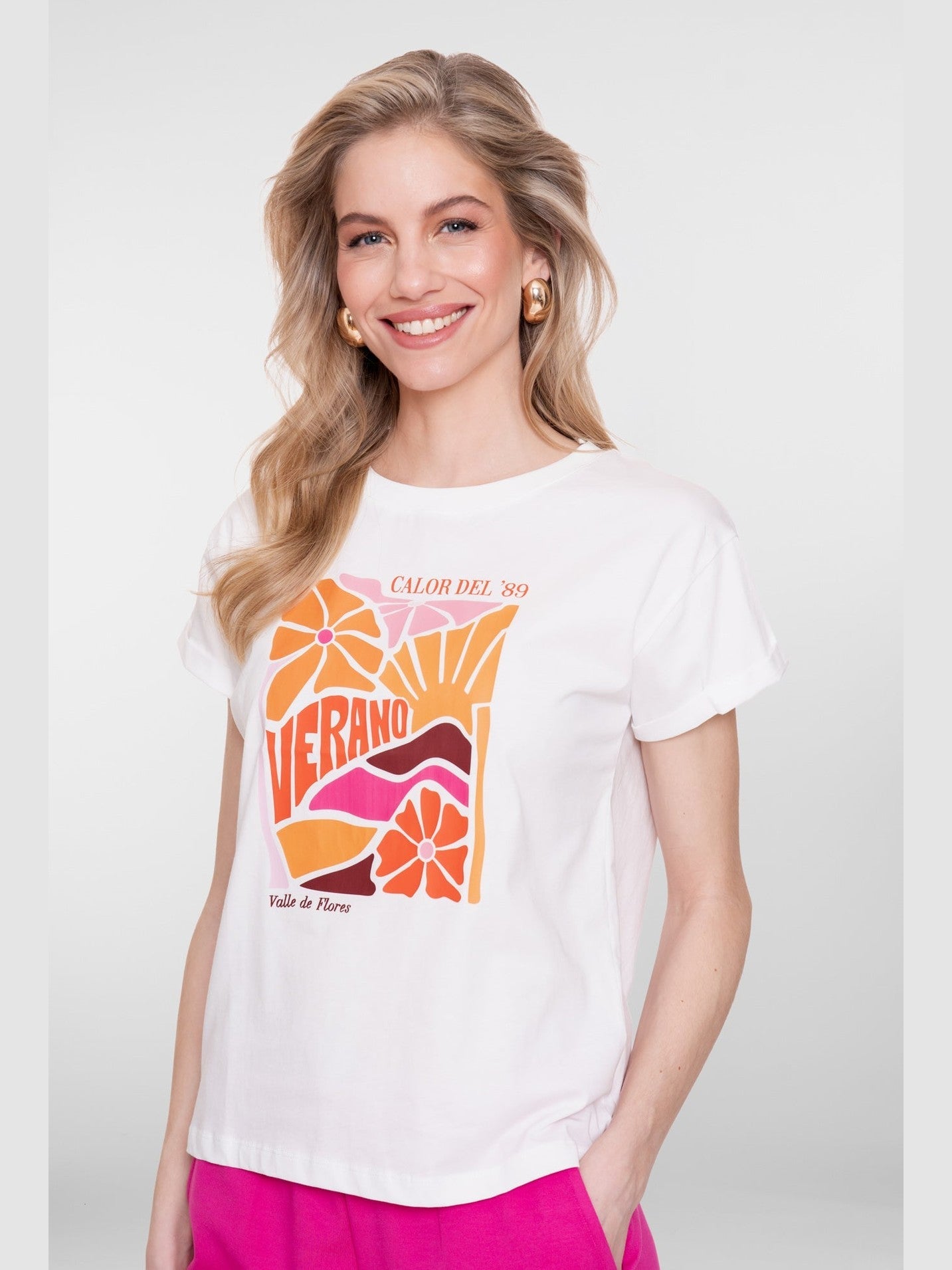 T-shirt Verano Print Off - white/Oranje - Castelijn mode