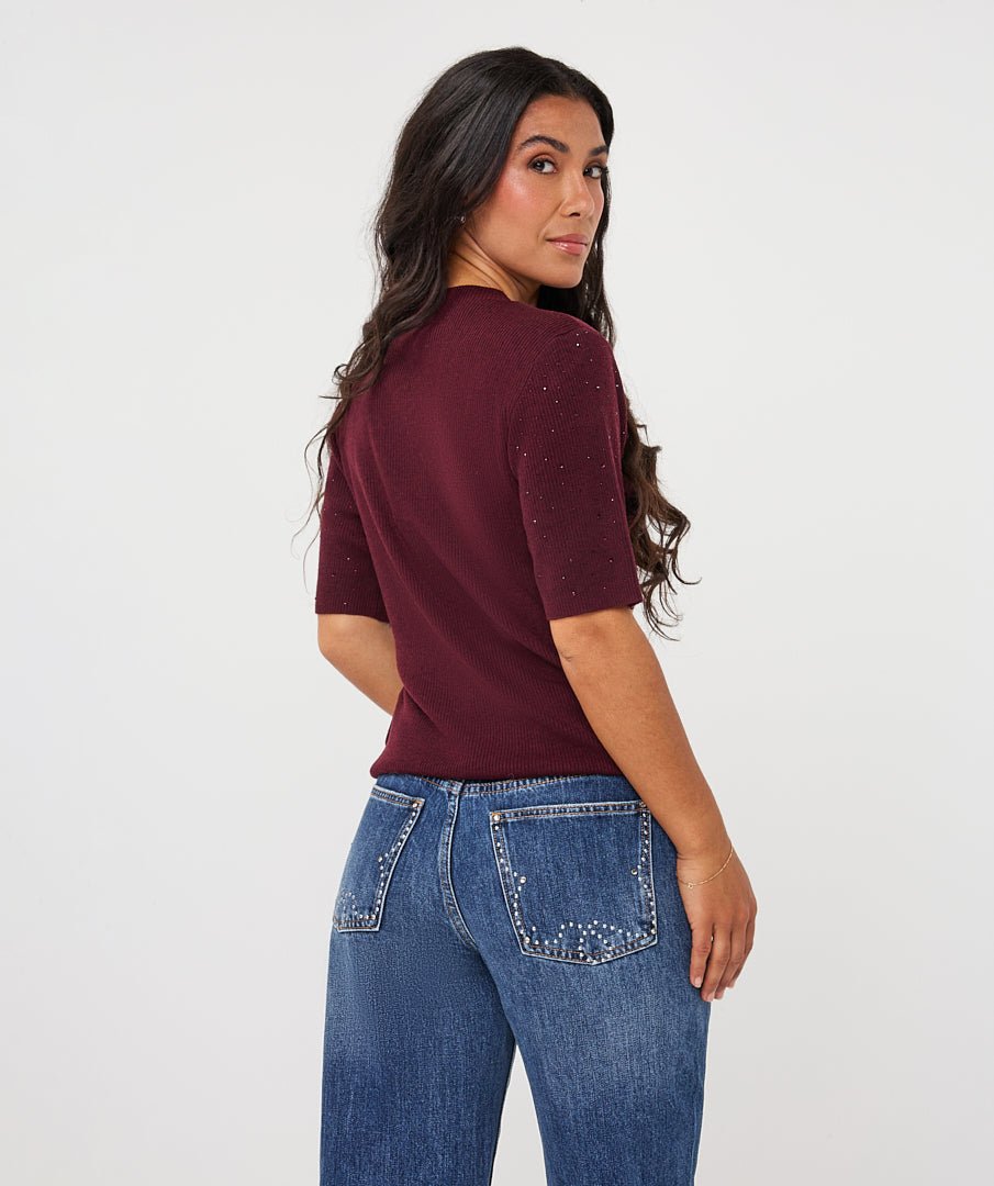 Trui Studs Korte Mouw Bordeaux - Castelijn mode