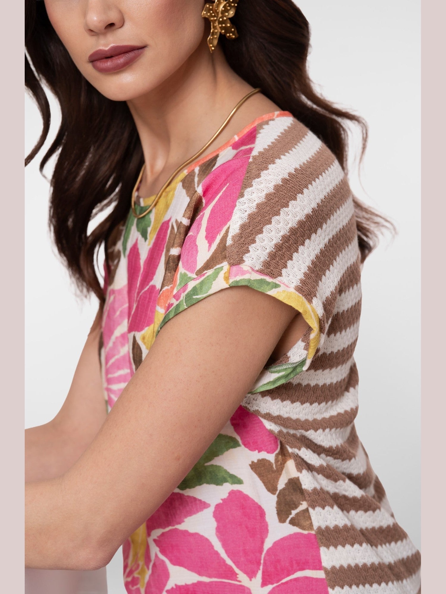 63284 - 20 Top Print Ecru Roze Bruin - Castelijn mode