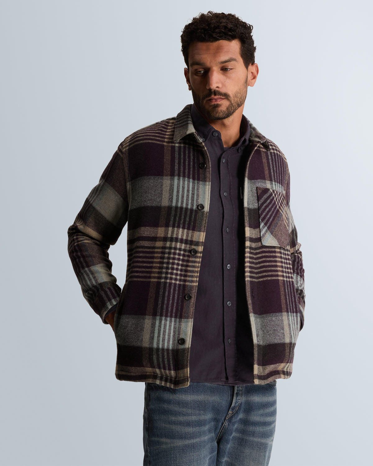 Cast Iron overshirt paars – wolblend ruitpatroon