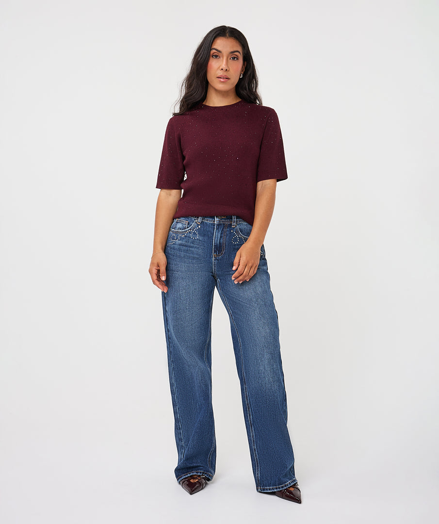 Trui Studs Korte Mouw Bordeaux