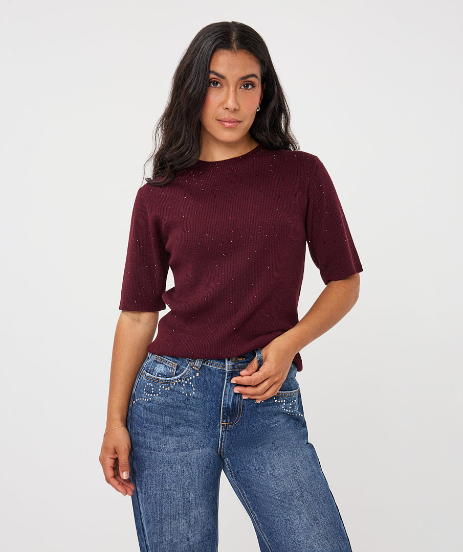 Trui Studs Korte Mouw Bordeaux