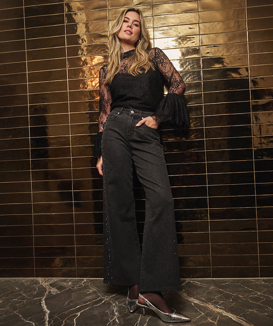 Wide Jeans Strass Zwart