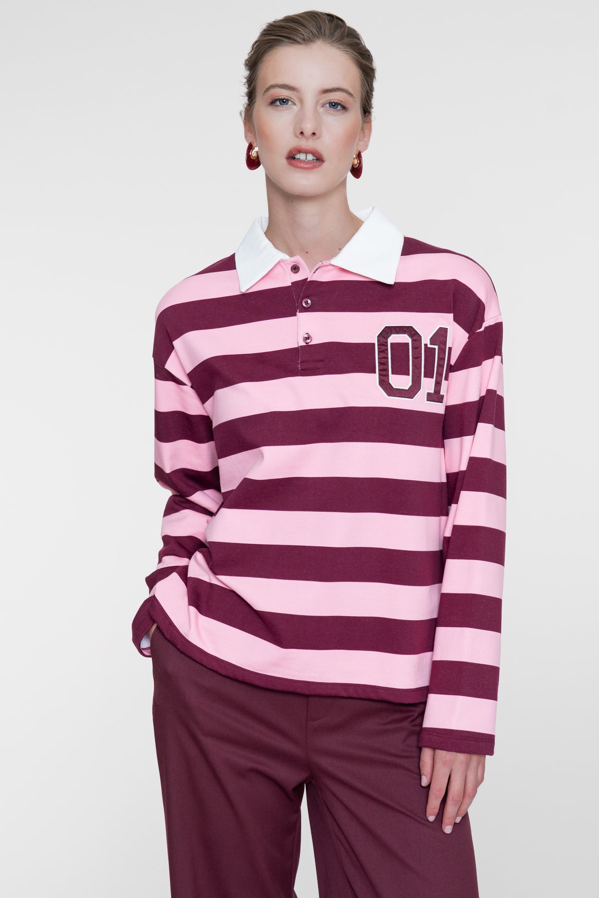 Rugbysweater Streep Bordeaux/Roze