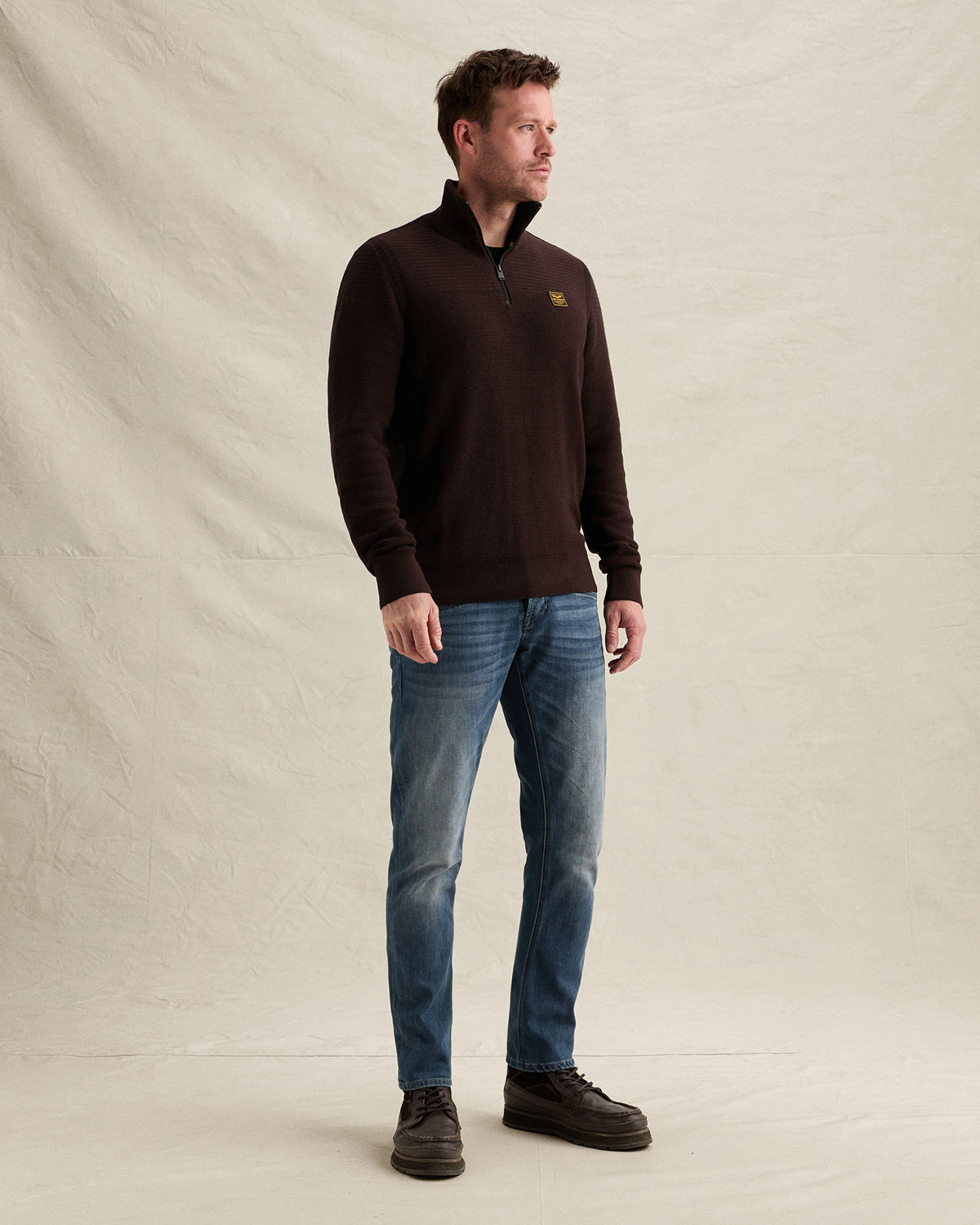 PME Legend half zip trui aubergine – detail kraag en rits