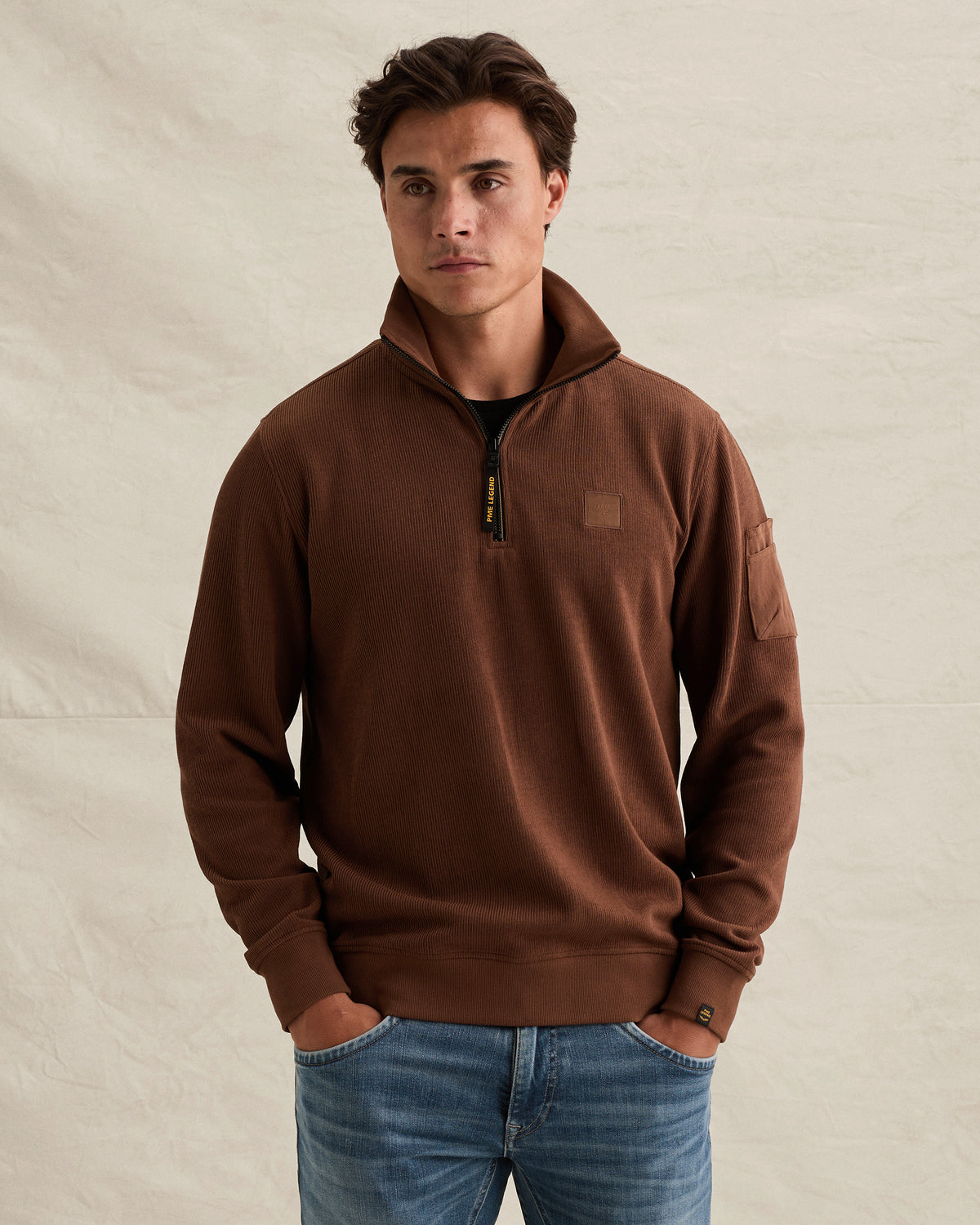 PME Legend sweater cappuccino met halve rits en flight pocket