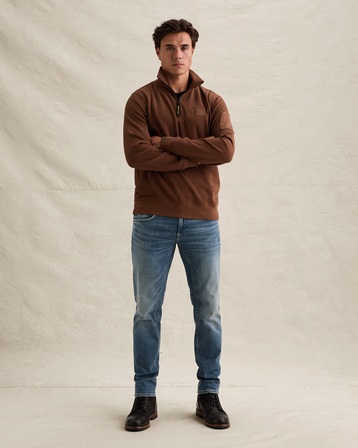 PME Legend sweater cappuccino met halve rits en flight pocket