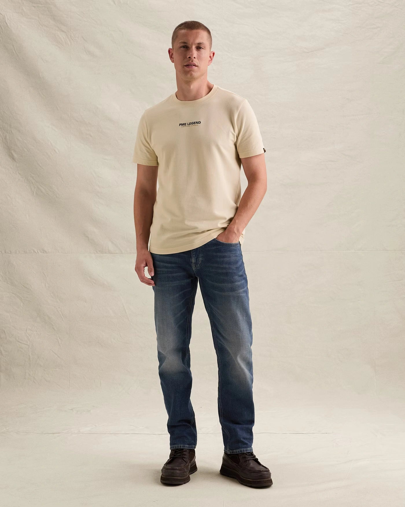 T-Shirt Waffle Structuur Gebroken Wit
