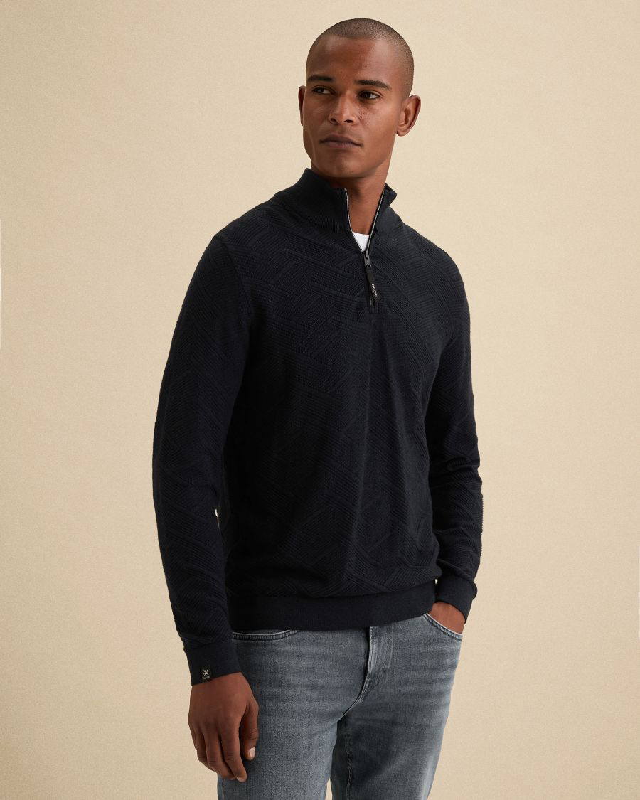Half Zip Trui Structuur Donkerblauw
