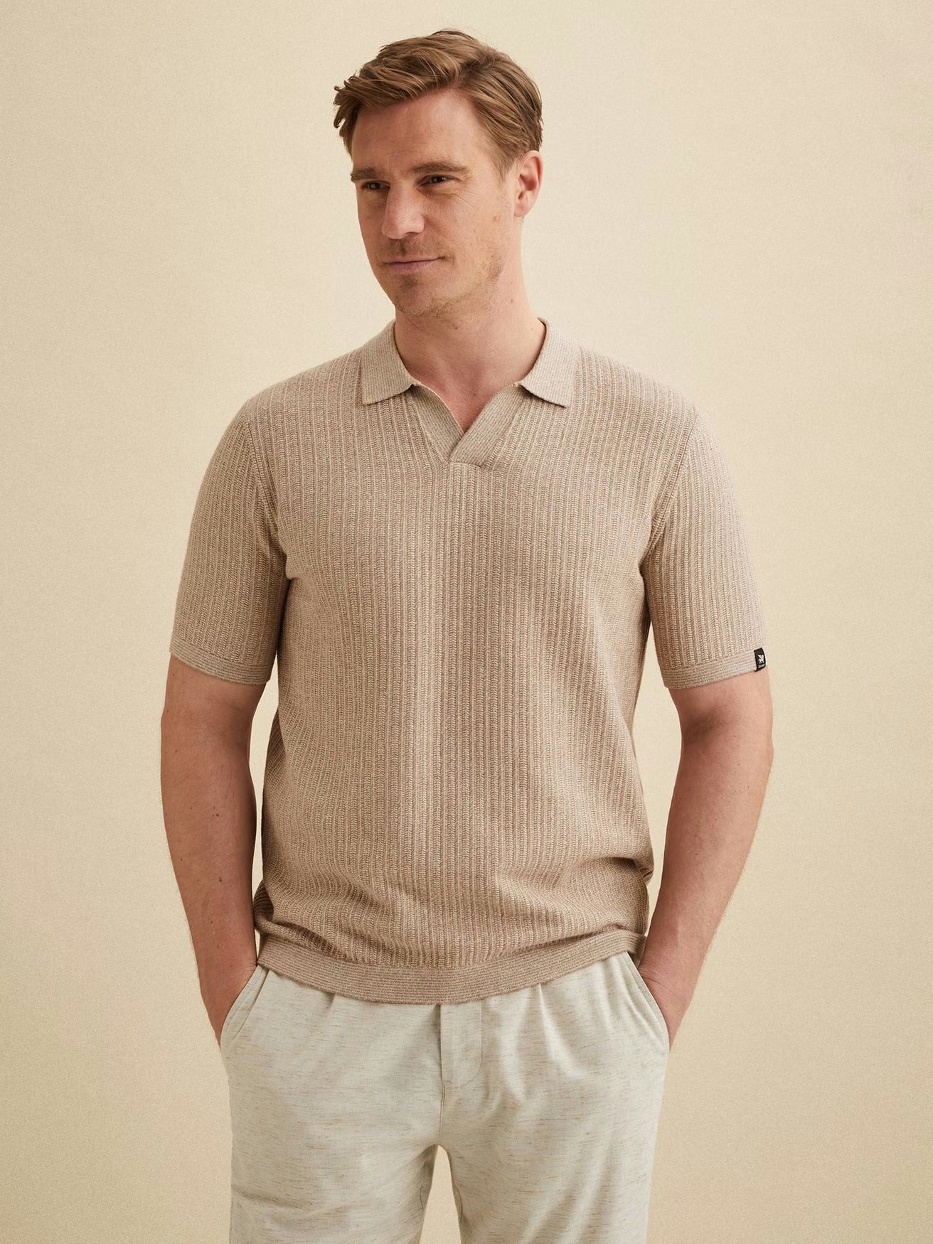 Gebreide Polo Korte Mouw Beige Bruin
