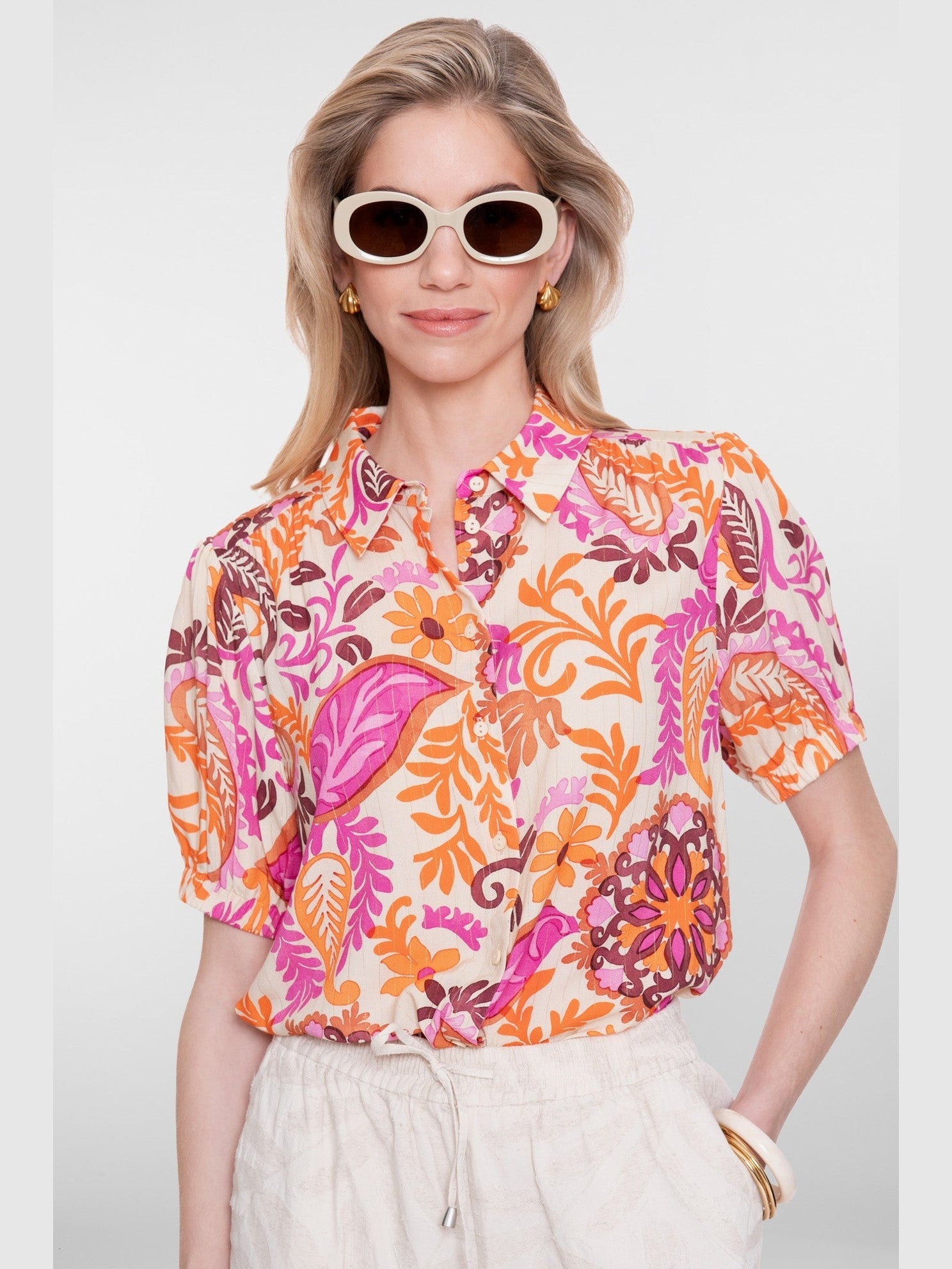 Blouse Bloemenprint Oranje/Roze/Zand - Castelijn mode