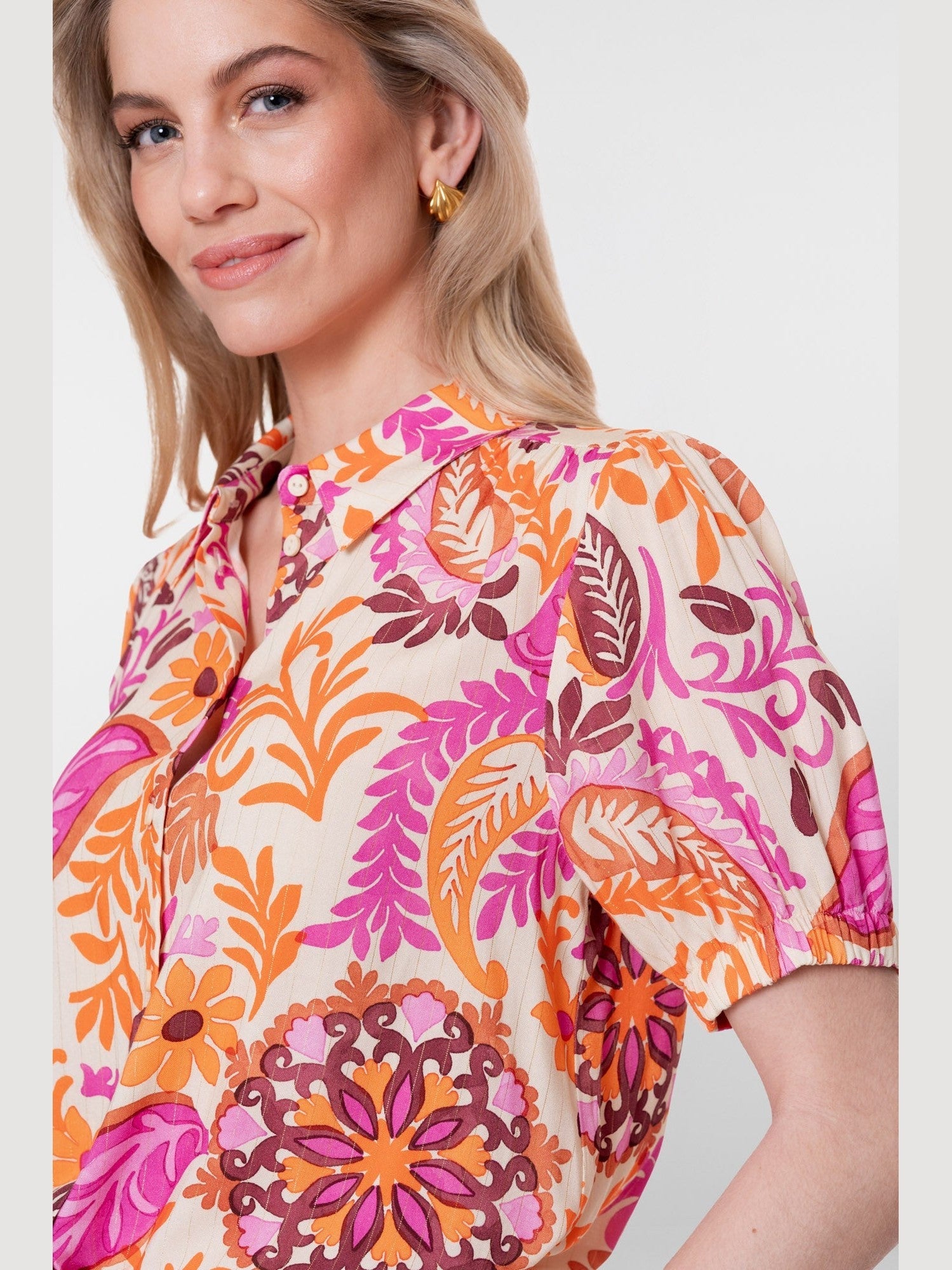 Blouse Bloemenprint Oranje/Roze/Zand - Castelijn mode