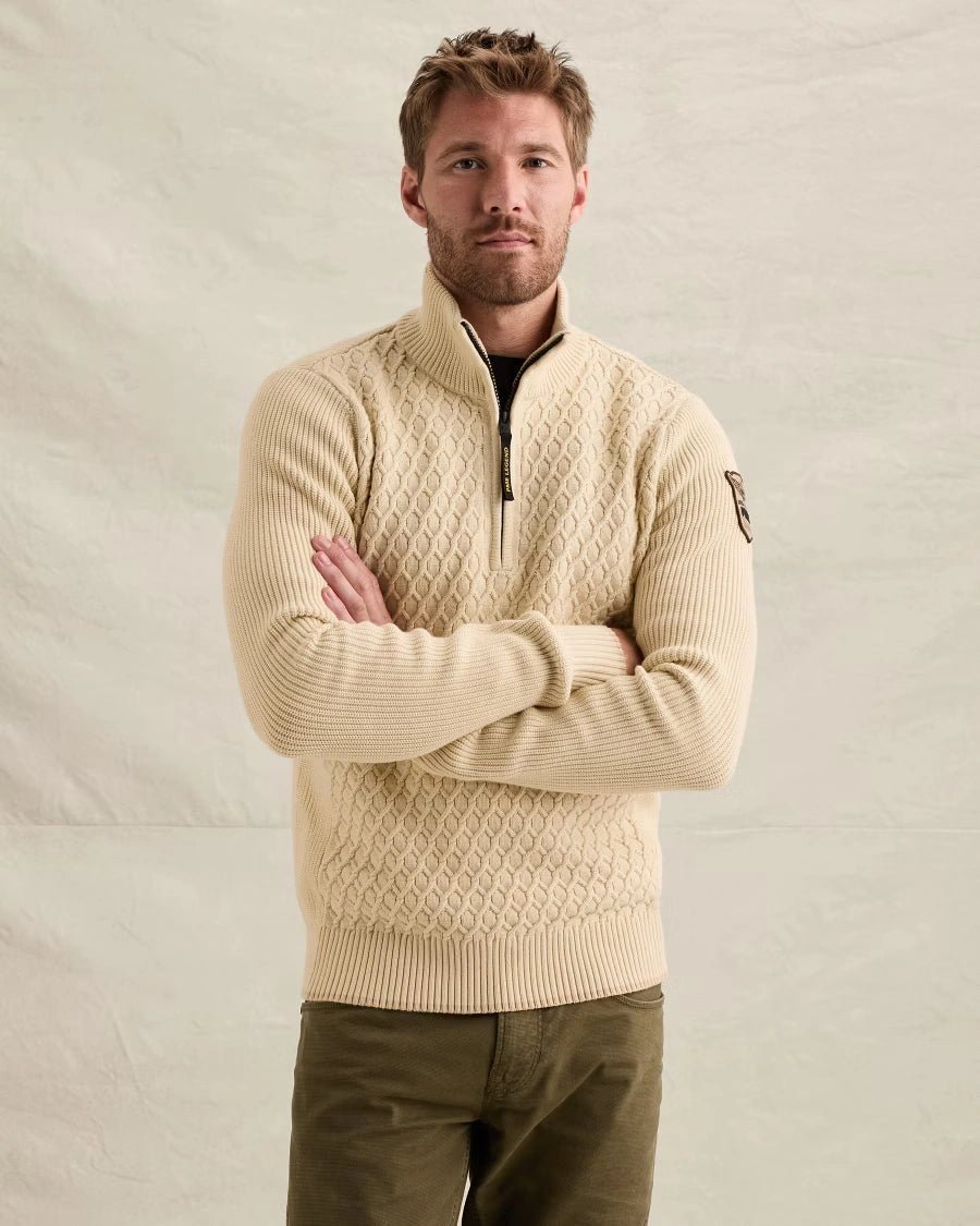 Half Zip Trui Structuurmix Gebroken Wit - Castelijn mode