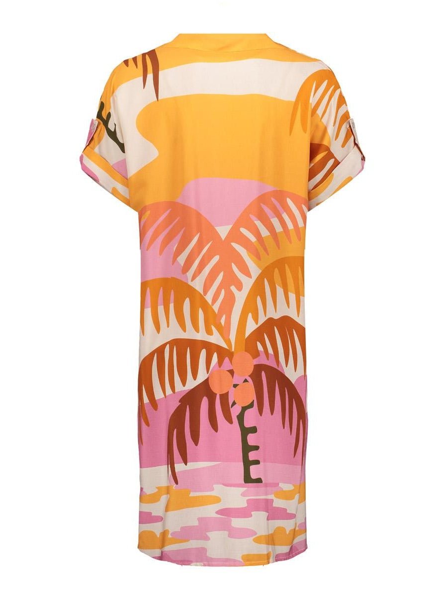 Midi Jurk Palmtree Print Roze/Coral - Castelijn mode