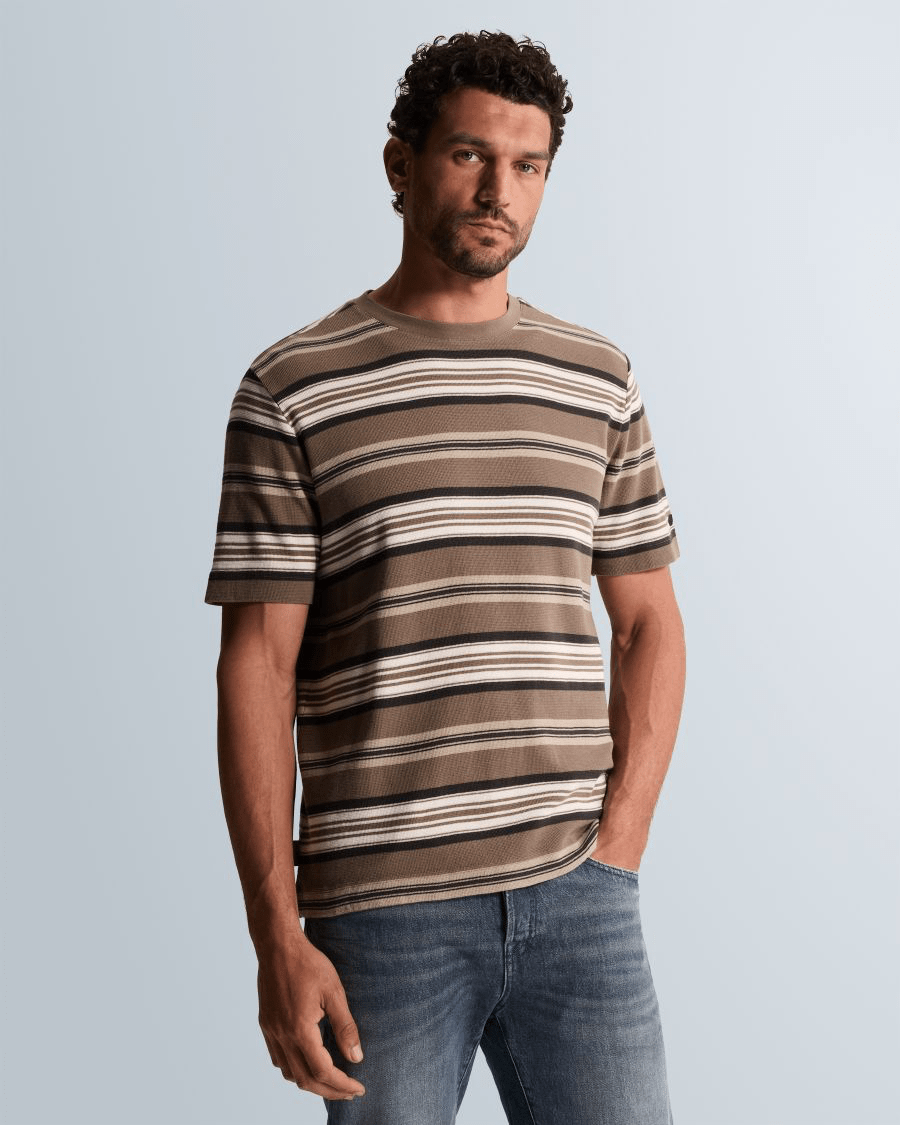 T-Shirt Wafelstructuur Streep Taupe - Castelijn mode